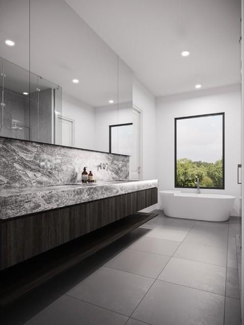 Bathroom, Dual Sink Vanities, Free Standing Baths, Interior, Marble Walls, Recessed Lighting