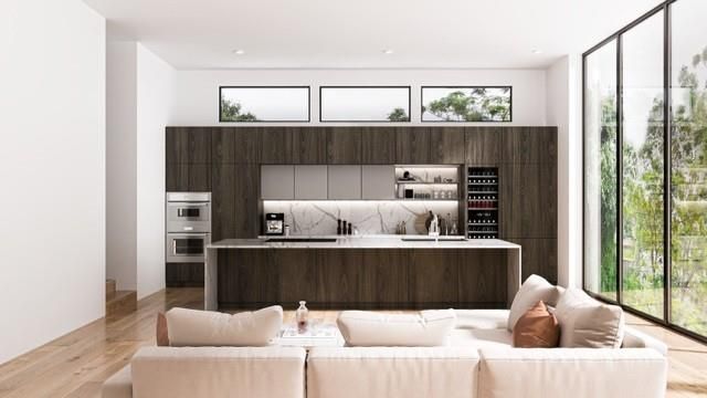 Interior, Kitchen, Living room, Recessed Lighting, Stainless Steel Appliances, Wood Texture Flooring