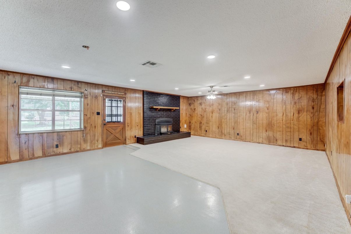 Empty room, Fireplace, Interior, Recessed Lighting, Wooden Walls