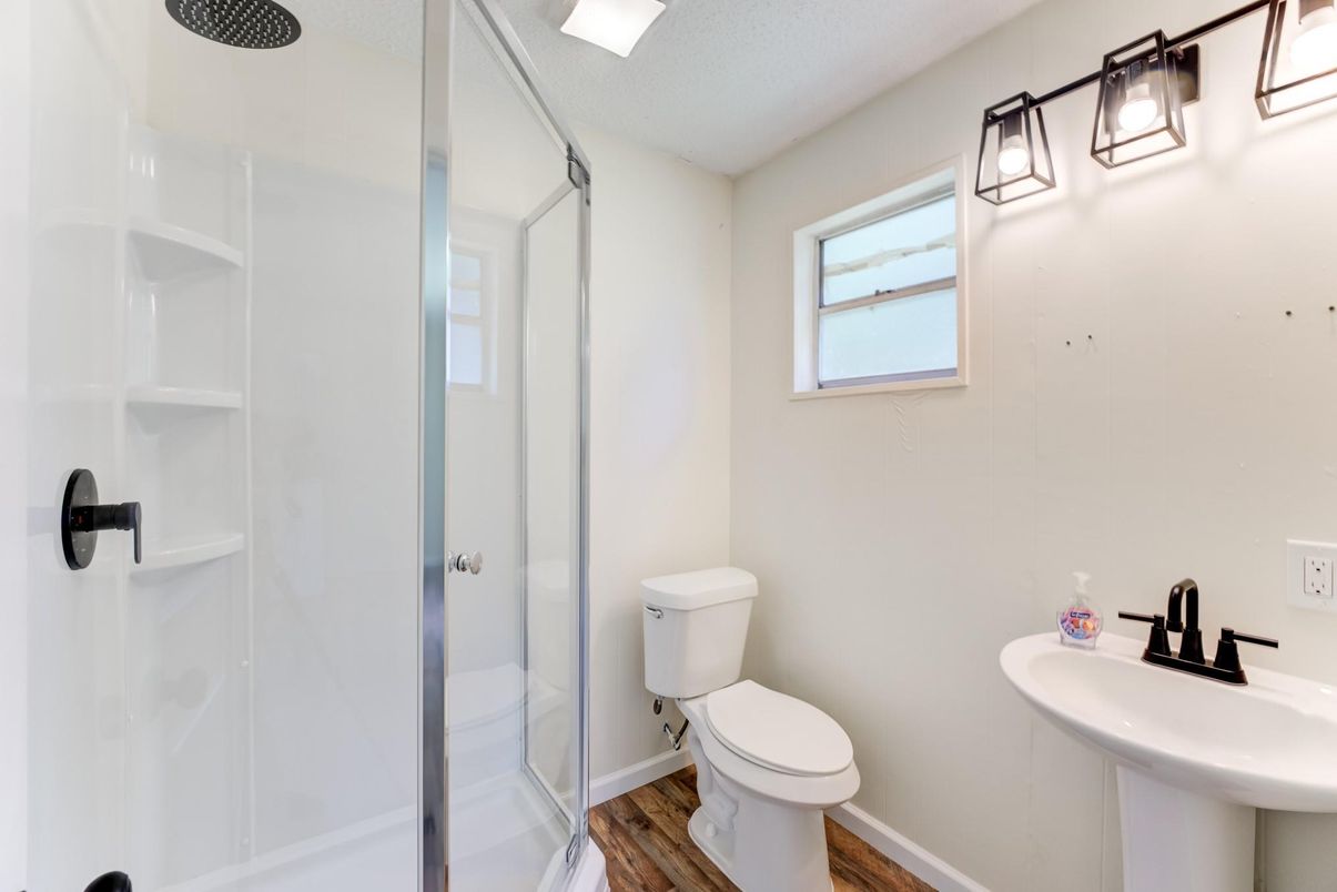 Bathroom, Glass Shower, Interior, Wood Texture Flooring