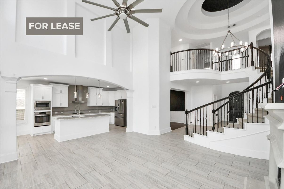 Chandelier, Interior, Kitchen, Pendant Lights, Recessed Lighting, Stainless Steel Appliances, Wood Texture Flooring