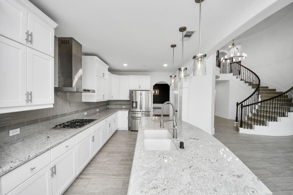 Chandelier, Interior, Kitchen, Pendant Lights, Recessed Lighting, Stainless Steel Appliances, Wood Texture Flooring