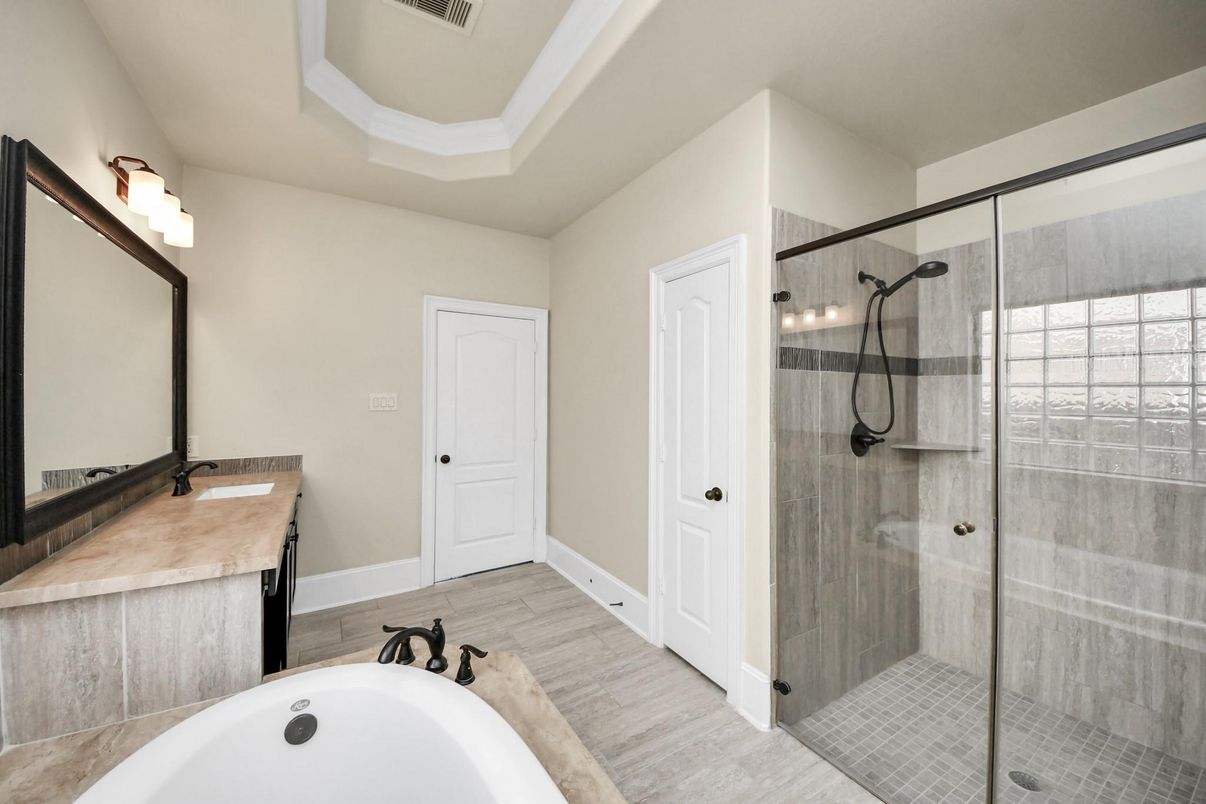 Bathroom, Glass Shower, Interior, Wood Texture Flooring