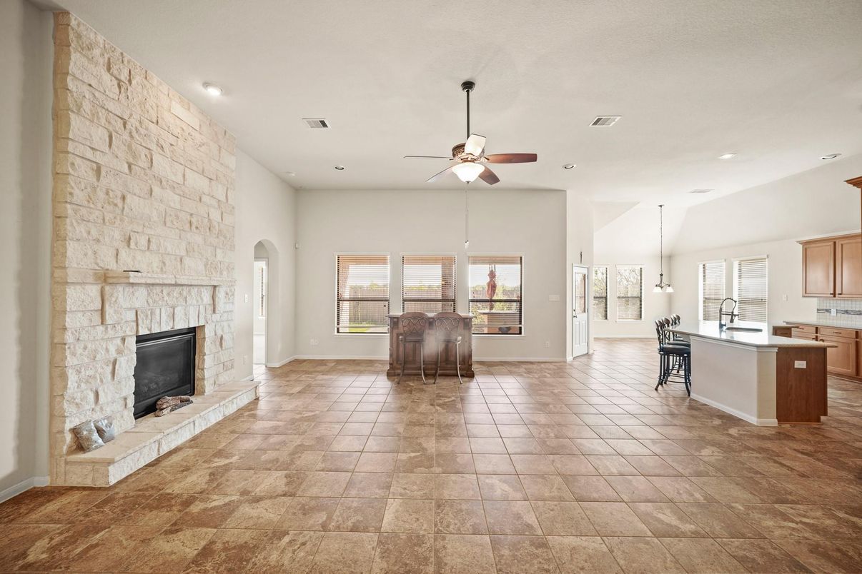 Chandelier, Dining room, Fireplace, Interior, Kitchen, Pendant Lights, Recessed Lighting, Stone Walls