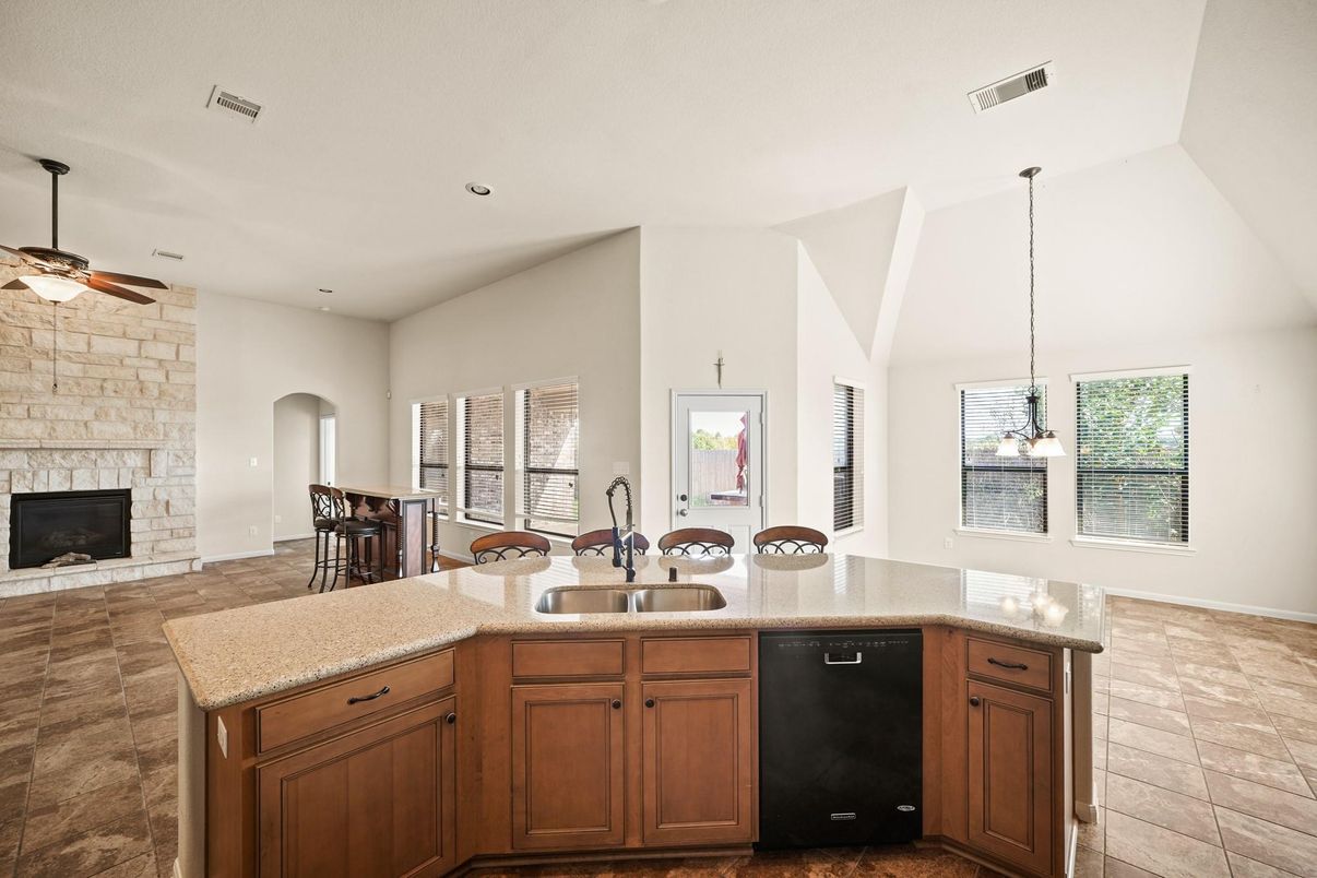 Dining room, Fireplace, Interior, Kitchen, Pendant Lights, Recessed Lighting, Stone Walls