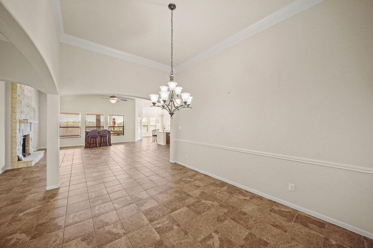 Chandelier, Fireplace, Interior