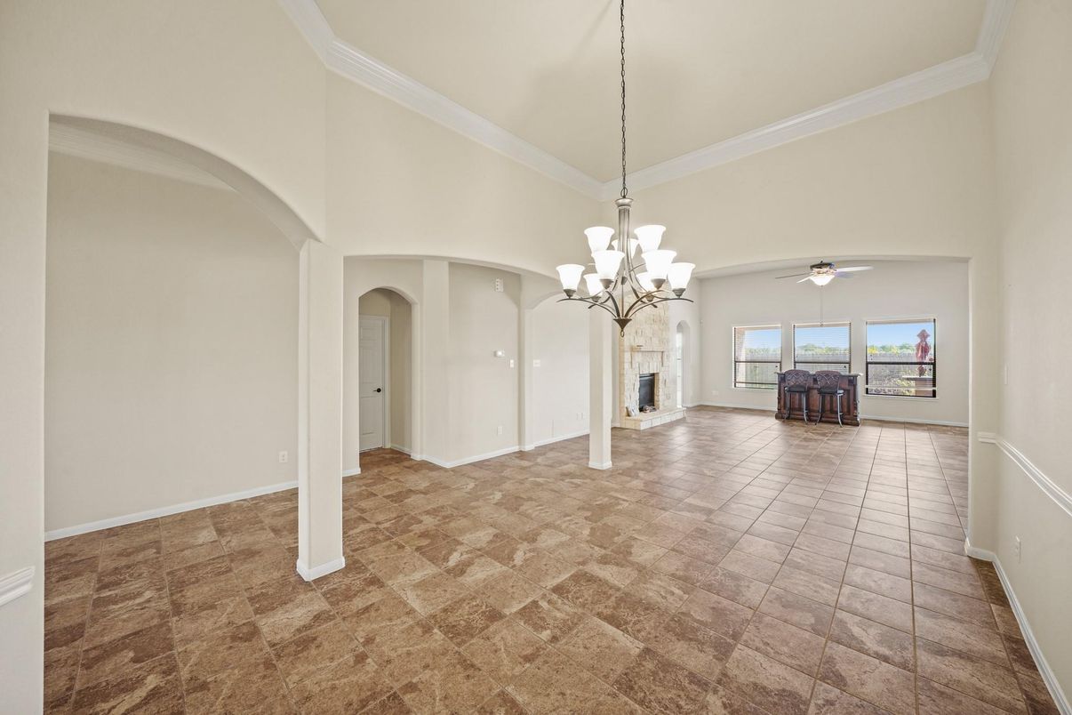 Chandelier, Empty room, Fireplace, Interior