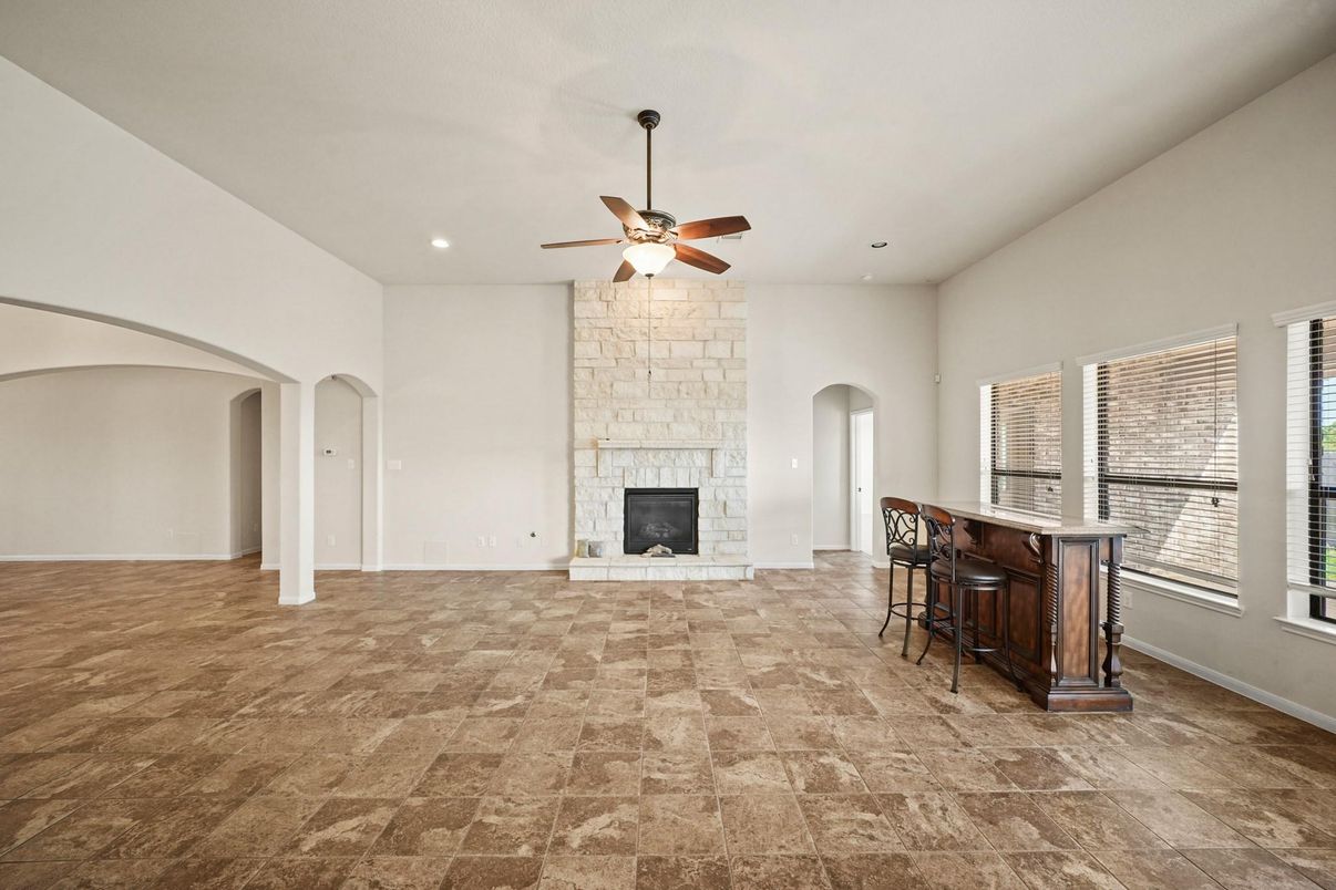 Empty room, Fireplace, Interior, Recessed Lighting, Stone Walls