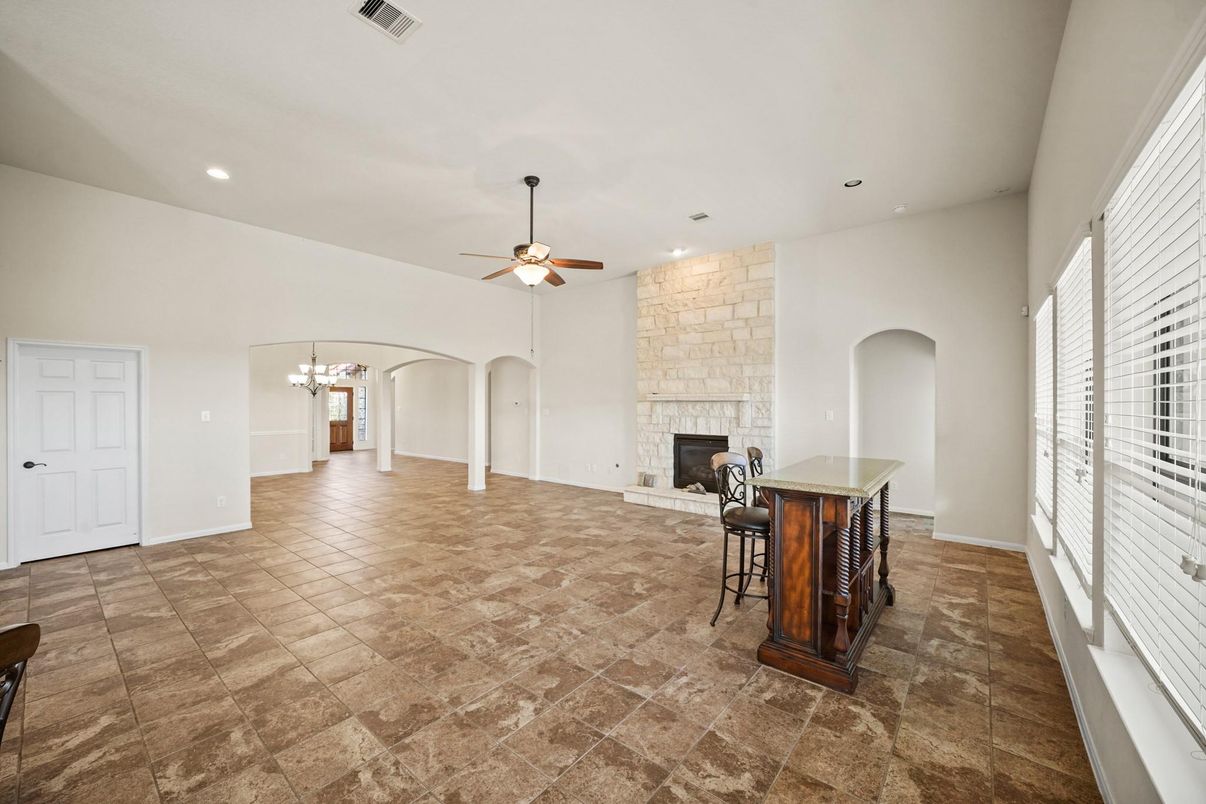 Empty room, Fireplace, Interior, Recessed Lighting, Stone Walls
