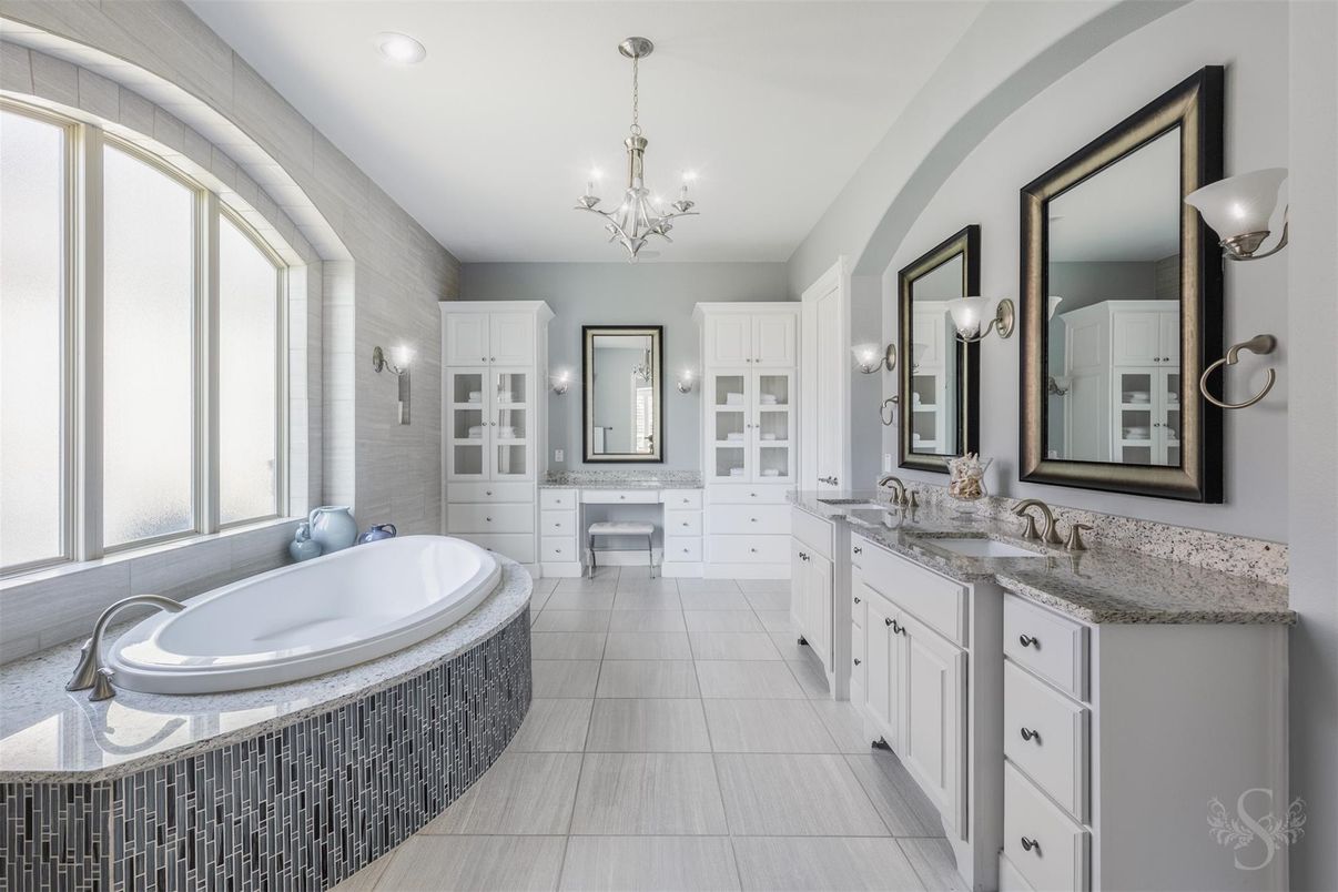 Bathroom, Chandelier, Dual Sink Vanities, Interior, Recessed Lighting