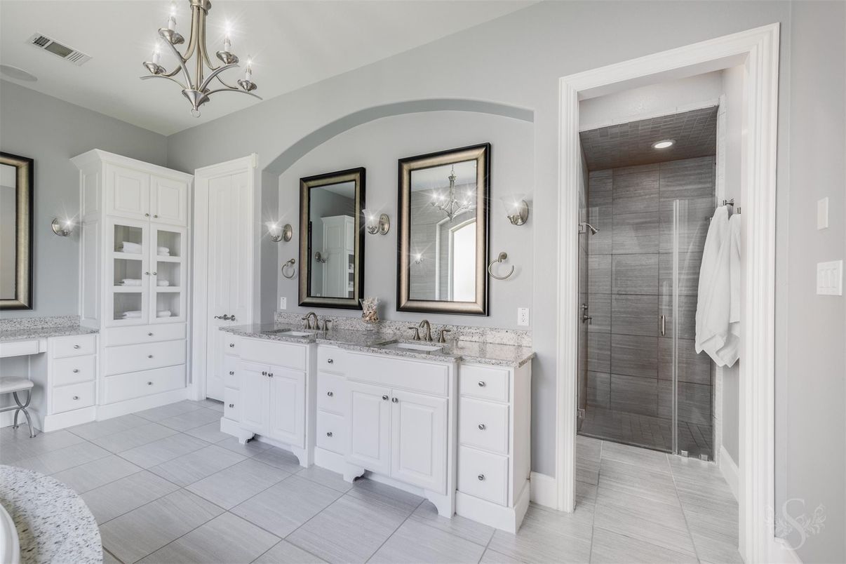Bathroom, Chandelier, Dual Sink Vanities, Glass Shower, Interior, Recessed Lighting