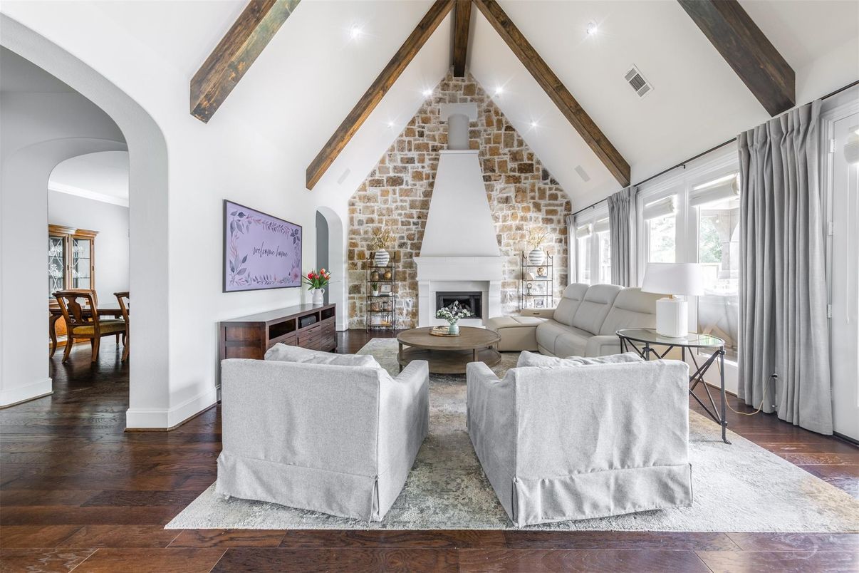 Fireplace, Interior, Living room, Recessed Lighting, Stone Walls, Wooden Beams, Wood Texture Flooring