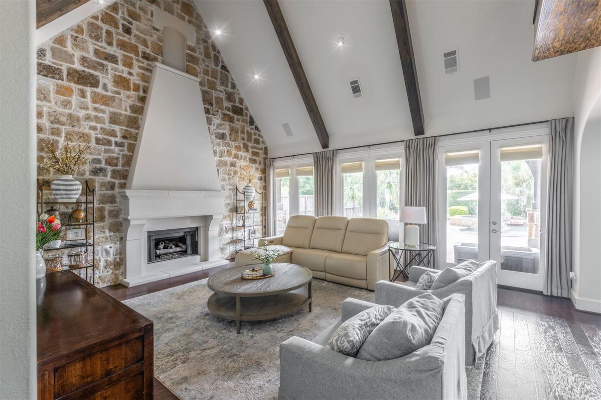 Fireplace, Interior, Living room, Recessed Lighting, Stone Walls, Wooden Beams, Wood Texture Flooring