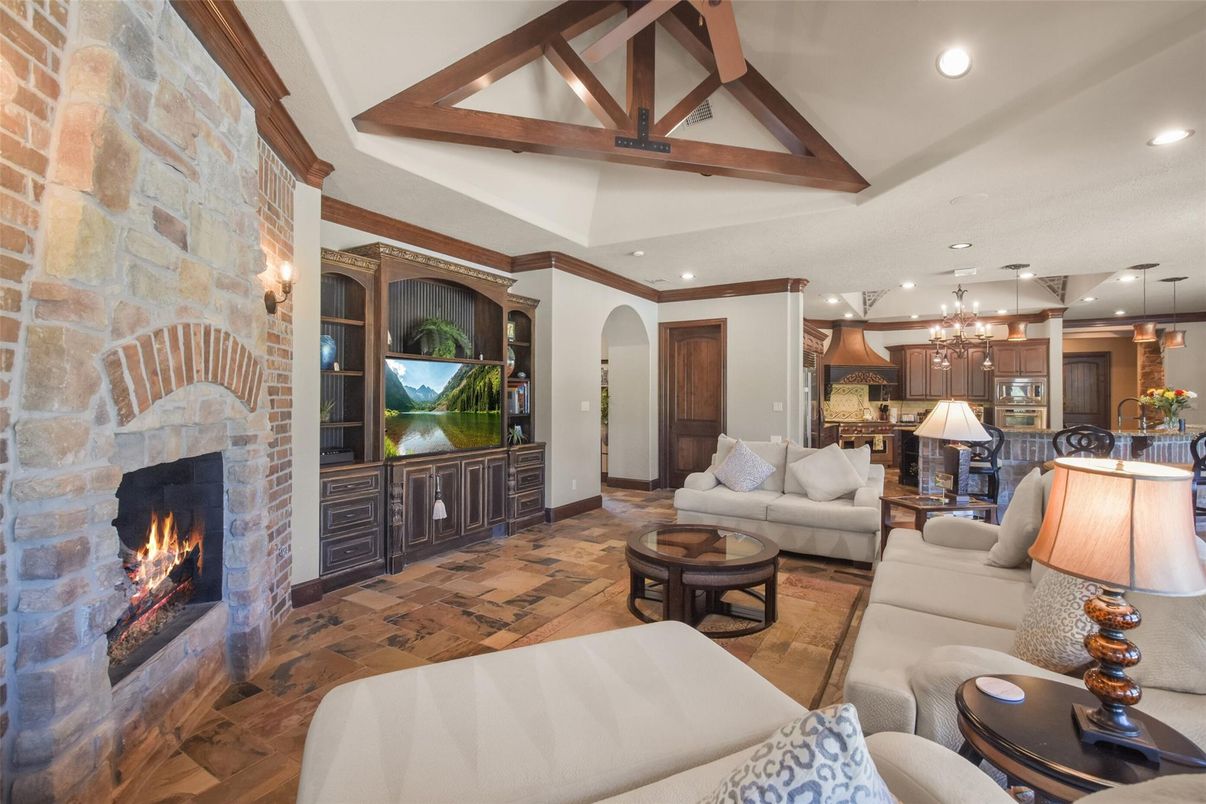 Fireplace, Interior, Kitchen, Living room, Pendant Lights, Recessed Lighting, Stone Walls, Wooden Beams, Wood Texture Flooring