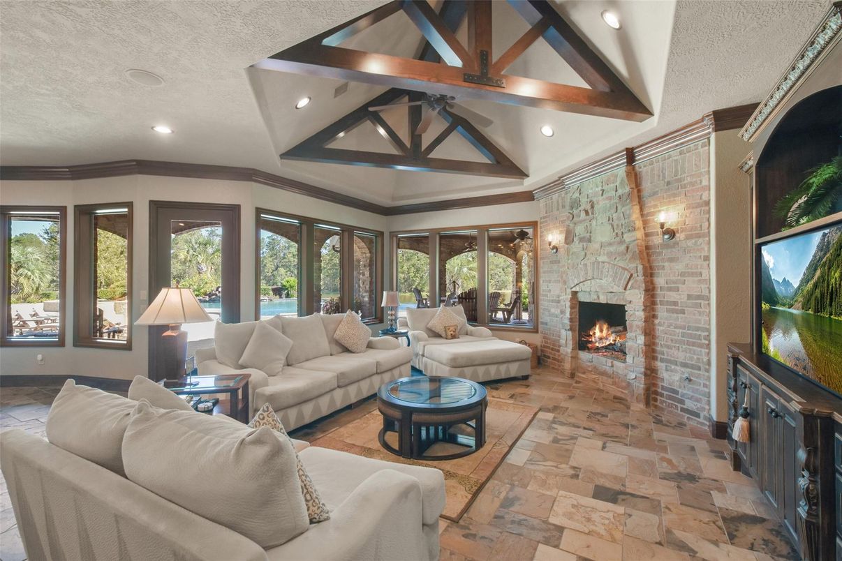 Fireplace, Interior, Living room, Recessed Lighting, Stone Walls, Wooden Beams
