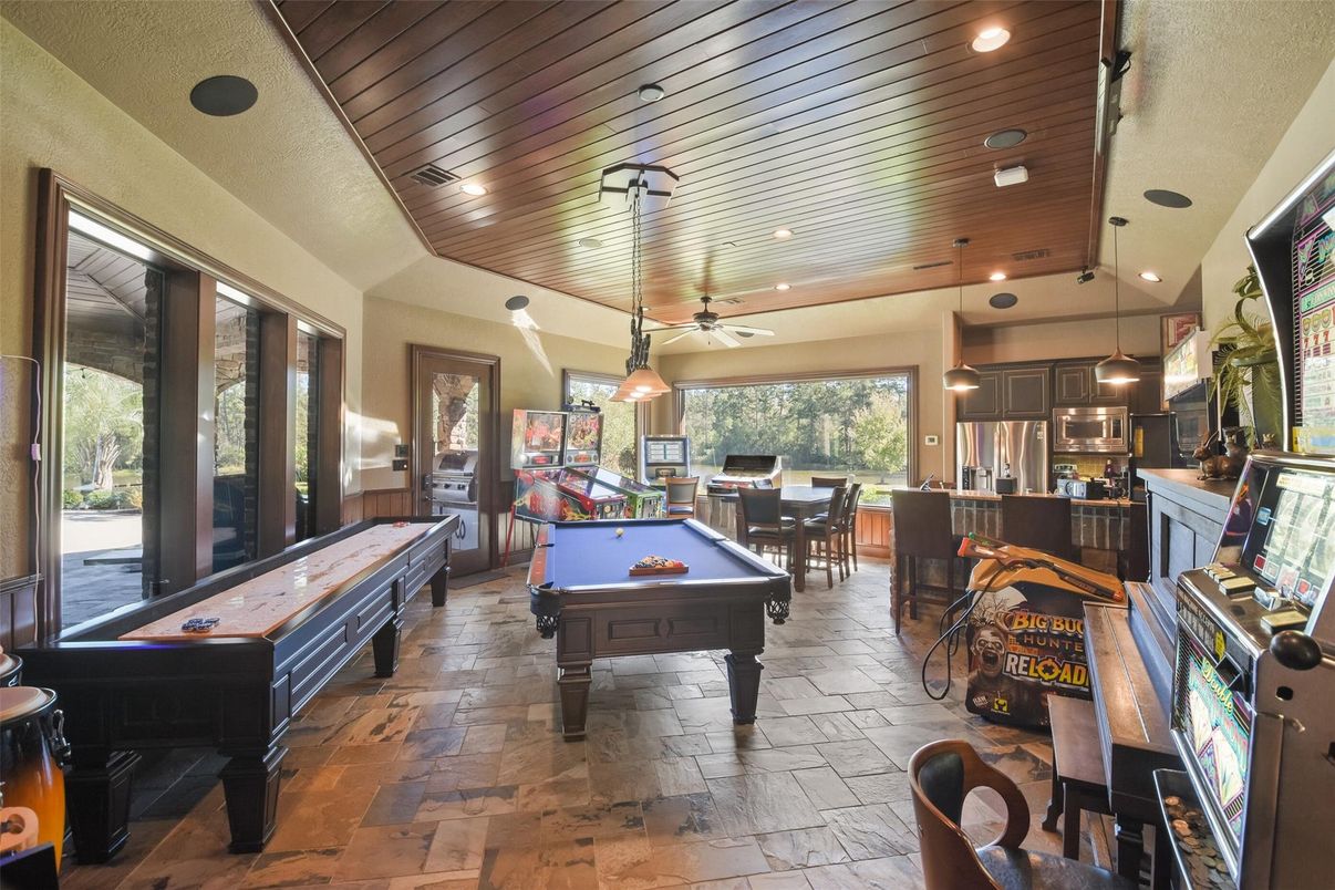Billiard Table, Dining room, Game Room, Interior, Pendant Lights, Recessed Lighting, Wooden Ceilings