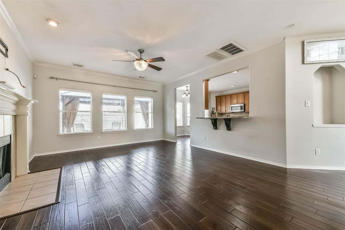 Empty room, Fireplace, Interior, Recessed Lighting, Wood Texture Flooring
