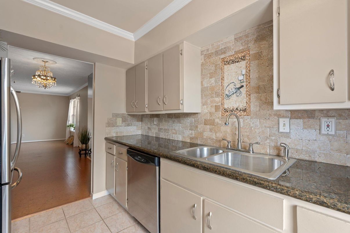 Chandelier, Interior, Kitchen, Stainless Steel Appliances, Stone Walls, Wood Texture Flooring