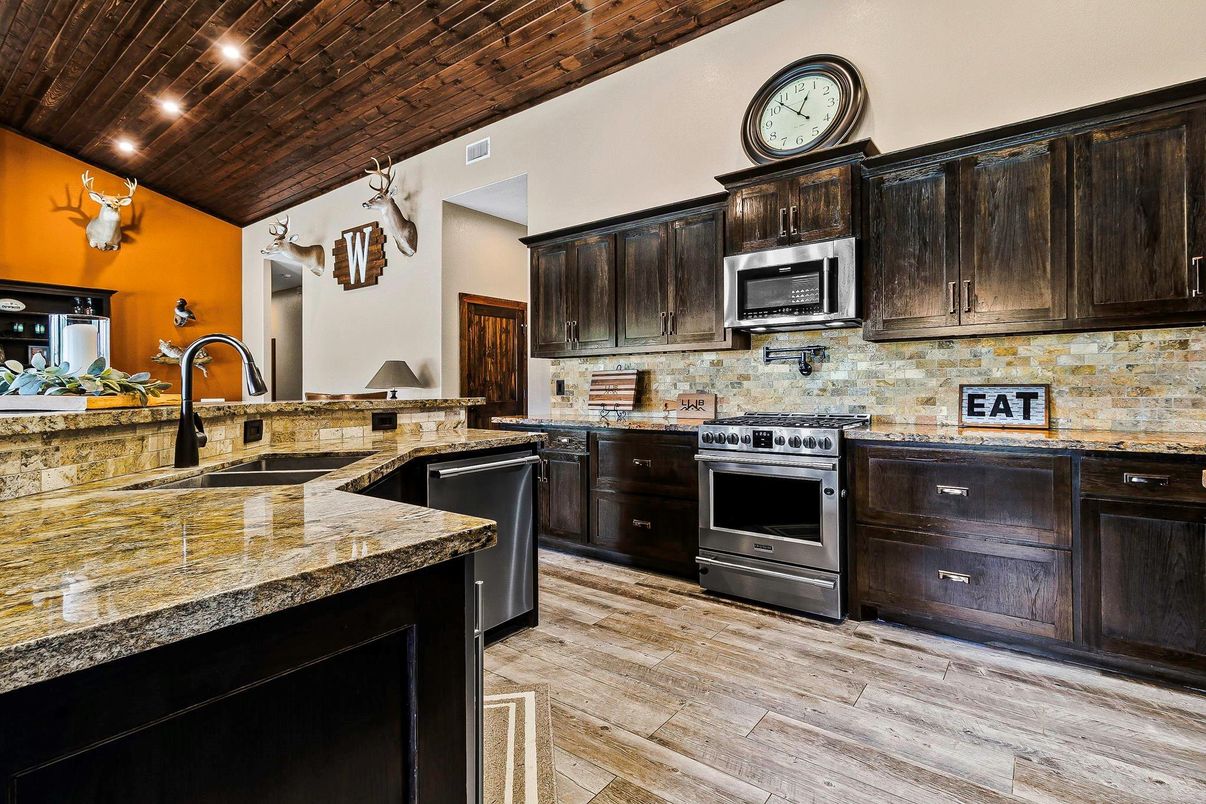 Interior, Kitchen, Pendant Lights, Recessed Lighting, Stainless Steel Appliances, Wooden Ceilings, Wood Texture Flooring