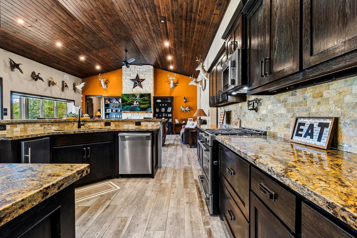 Interior, Kitchen, Recessed Lighting, Stainless Steel Appliances, Stone Walls, Wooden Ceilings