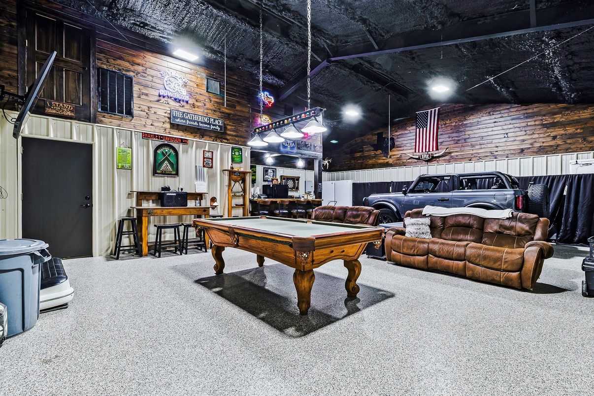 Billiard Table, Game Room, Interior, Pendant Lights, Recessed Lighting, Stone Walls