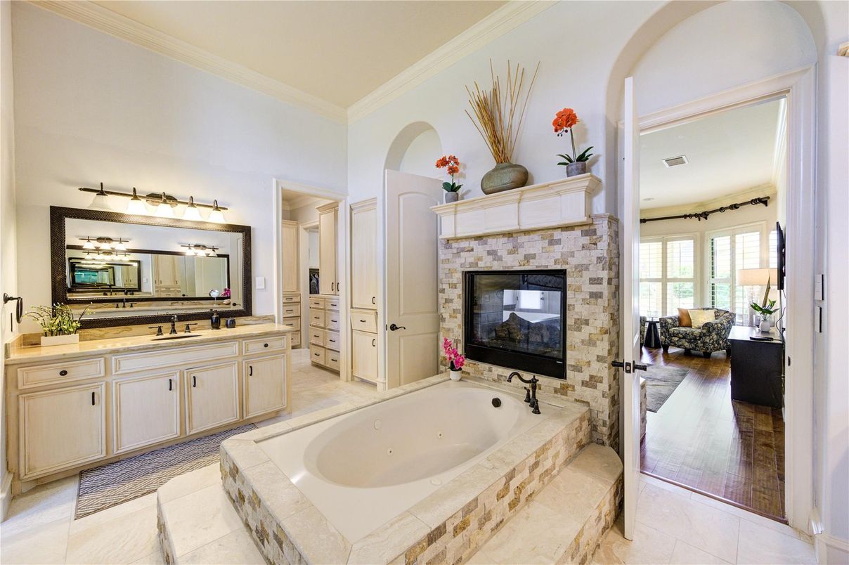 Bathroom, Dual Sink Vanities, Fireplace, Interior, Wood Texture Flooring