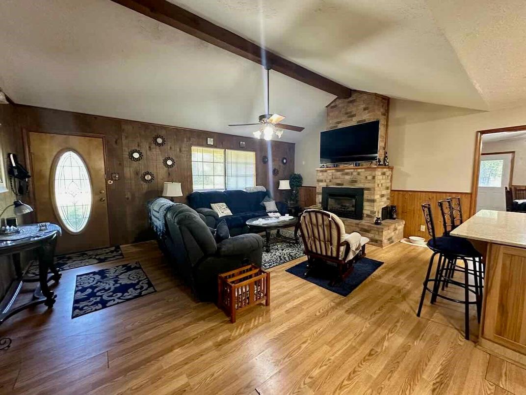 Fireplace, Interior, Living room, Stone Walls, Wooden Beams, Wood Texture Flooring