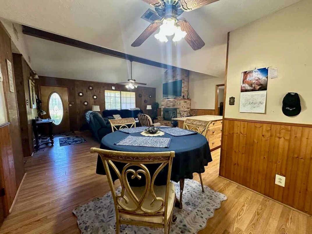 Dining room, Fireplace, Interior, Wood Texture Flooring