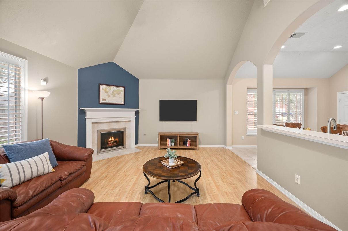 Fireplace, Interior, Living room, Recessed Lighting, Wood Texture Flooring