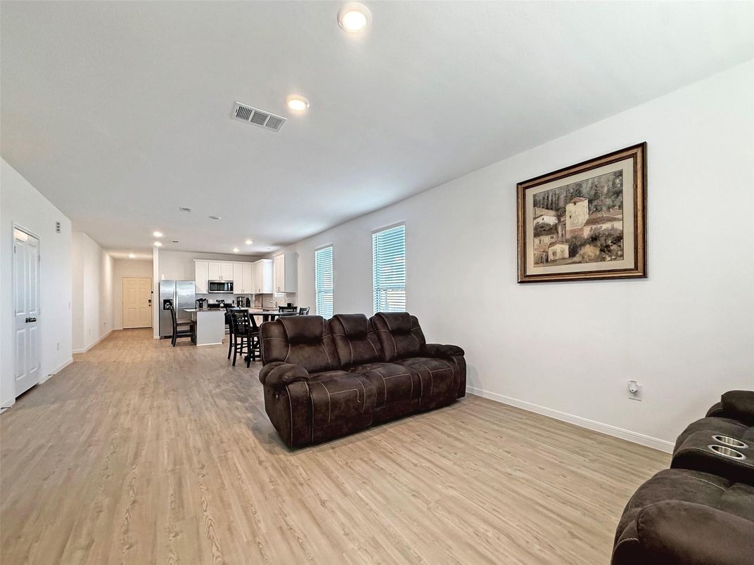 Interior, Kitchen, Living room, Recessed Lighting, Stainless Steel Appliances, Wood Texture Flooring