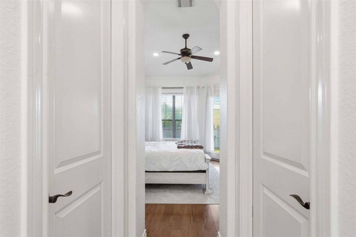 Bedroom, Interior, Recessed Lighting, Wood Texture Flooring