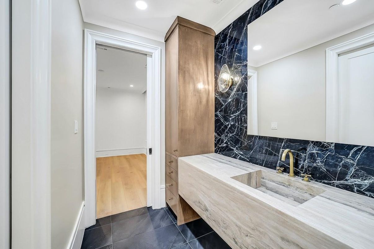 Bathroom, Interior, Marble Walls, Recessed Lighting, Wood Texture Flooring