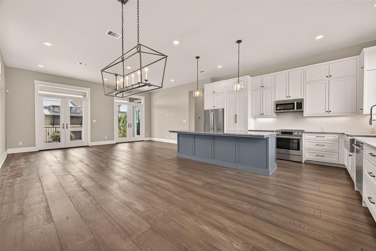 Interior, Kitchen, Pendant Lights, Recessed Lighting, Stainless Steel Appliances, Wood Texture Flooring