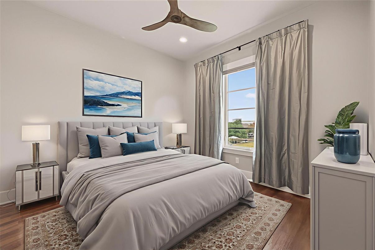 Bedroom, Interior, Recessed Lighting, Wood Texture Flooring