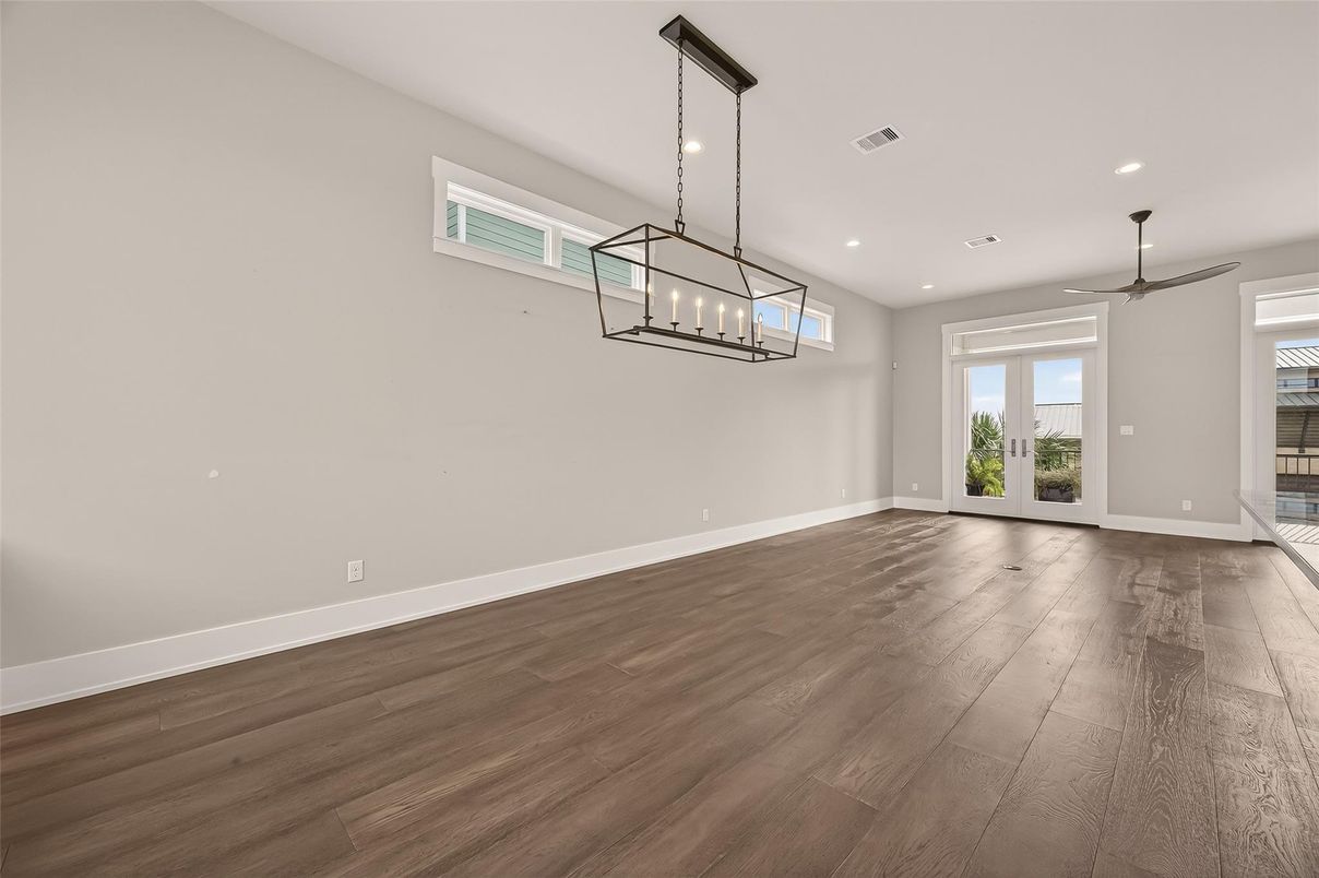 Chandelier, Empty room, Interior, Pendant Lights, Recessed Lighting, Wood Texture Flooring