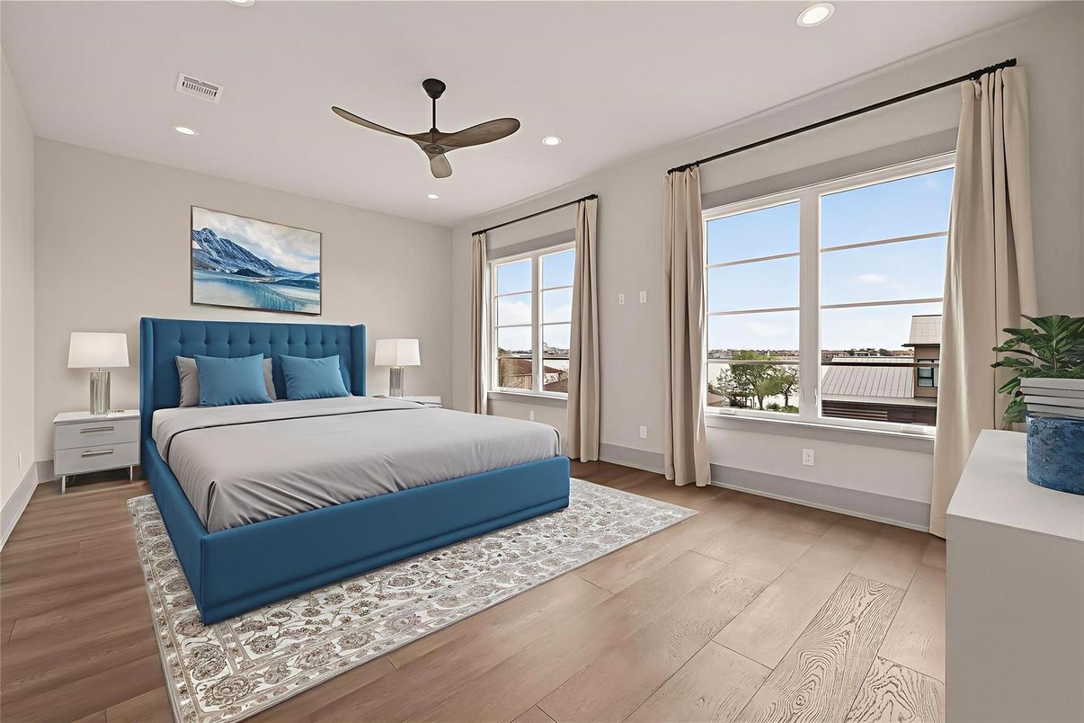 Bedroom, Interior, Recessed Lighting, Wood Texture Flooring