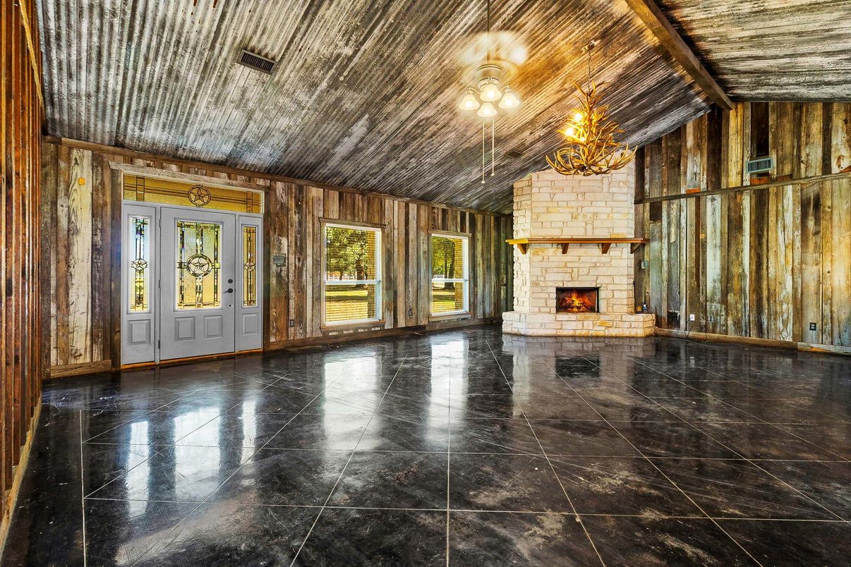 Chandelier, Empty room, Fireplace, Interior, Wooden Walls