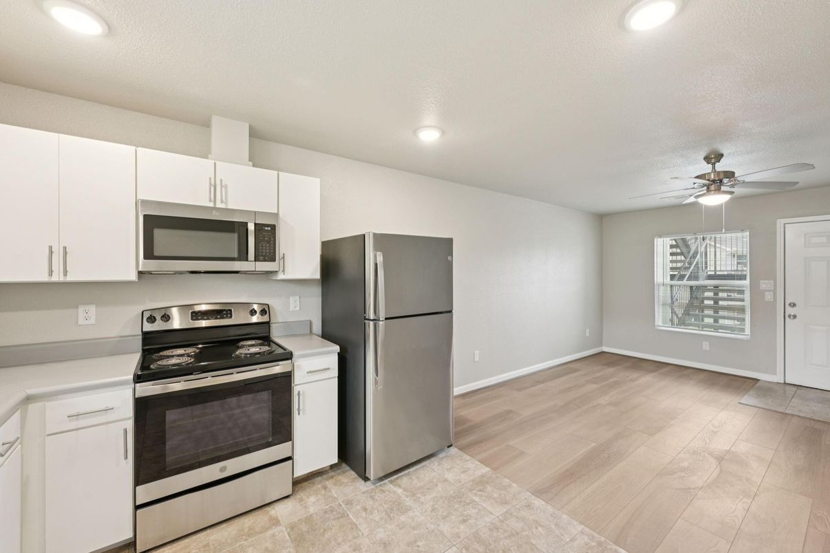 Interior, Kitchen, Recessed Lighting, Stainless Steel Appliances, Wood Texture Flooring