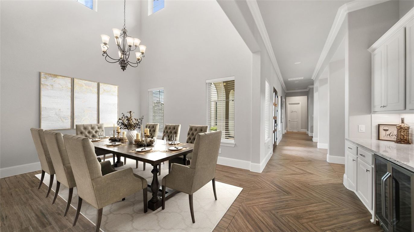 Chandelier, Dining room, Interior, Recessed Lighting, Wood Texture Flooring