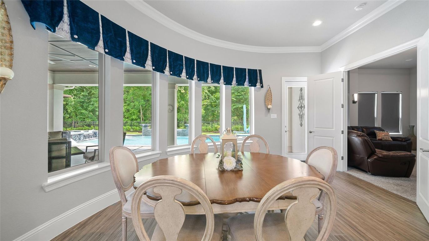Dining room, Interior, Recessed Lighting, Wood Texture Flooring