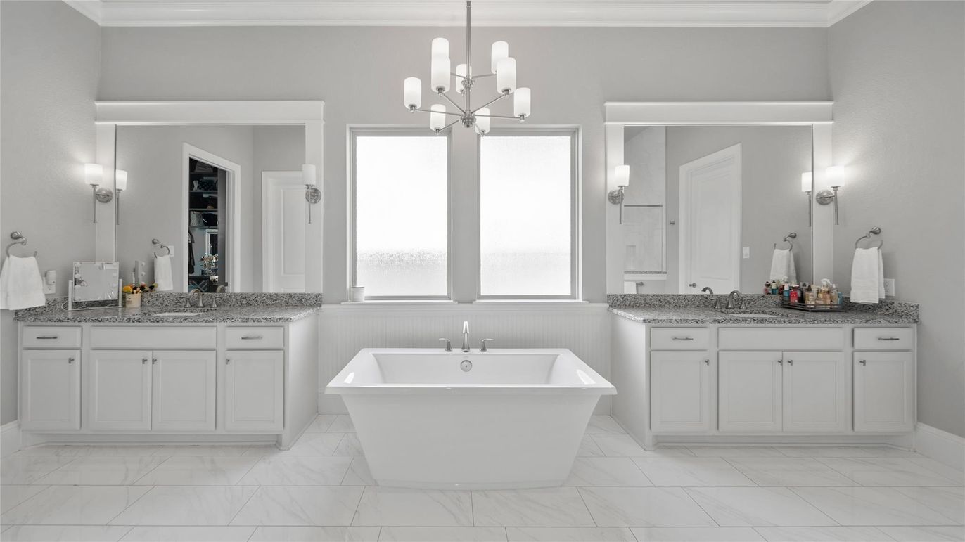 Bathroom, Chandelier, Dual Sink Vanities, Free Standing Baths, Interior, Marble, Pendant Lights