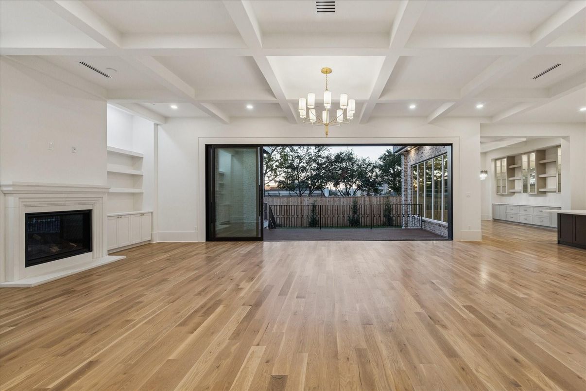 Empty room, Fireplace, Interior, Pendant Lights, Recessed Lighting, Wood Texture Flooring