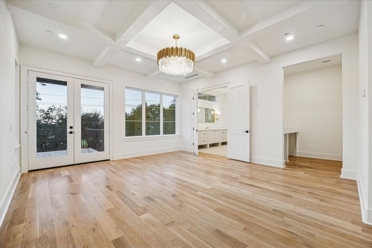Chandelier, Empty room, Interior, Recessed Lighting, Wood Texture Flooring