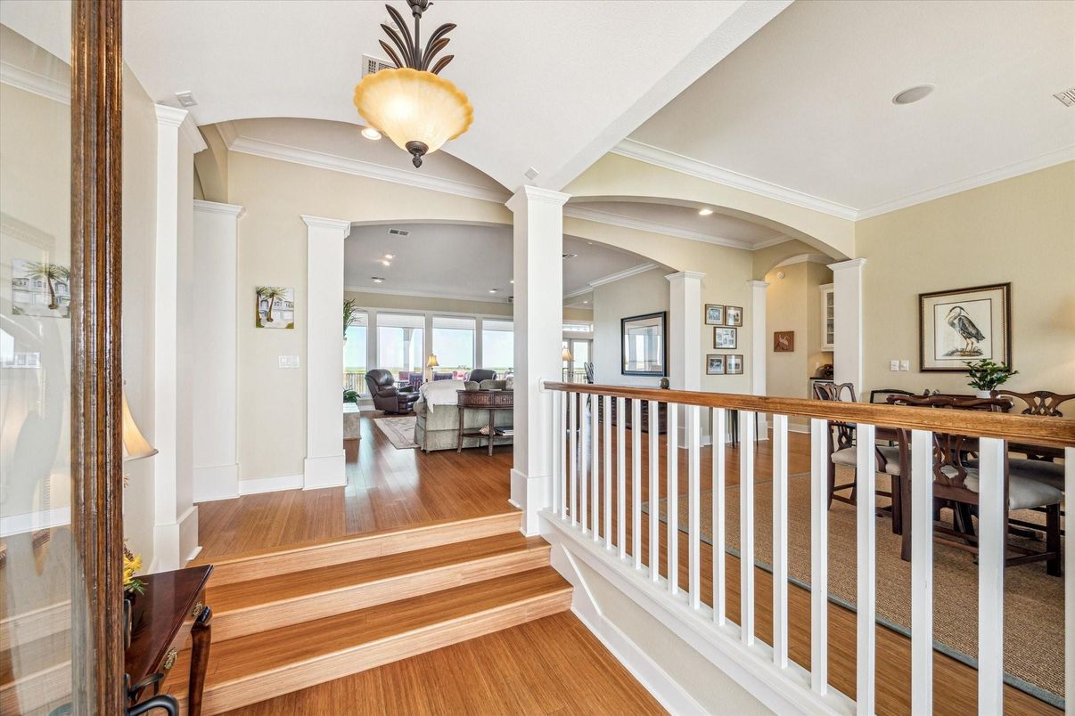 Dining room, Interior, Pendant Lights, Recessed Lighting, Wood Texture Flooring