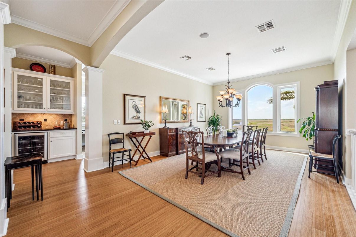 Chandelier, Dining room, Interior, Wood Texture Flooring