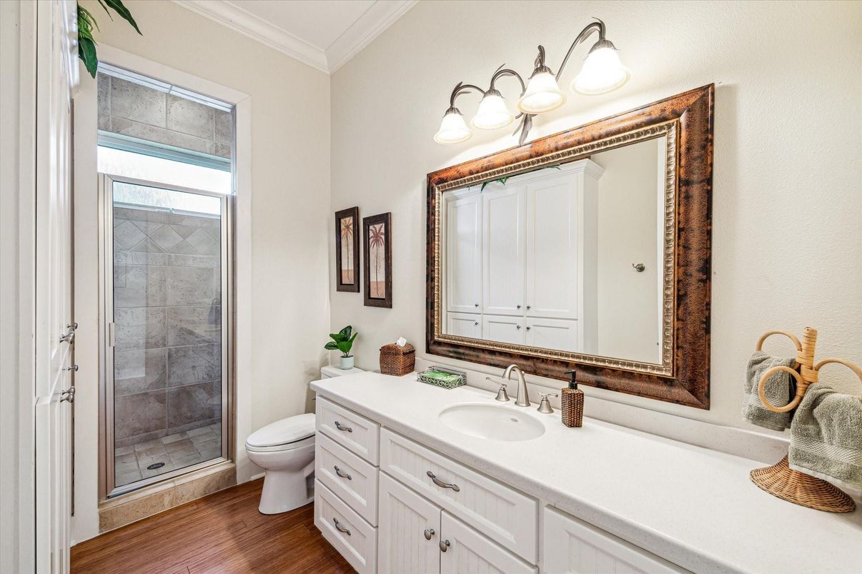 Bathroom, Glass Shower, Interior, Wood Texture Flooring