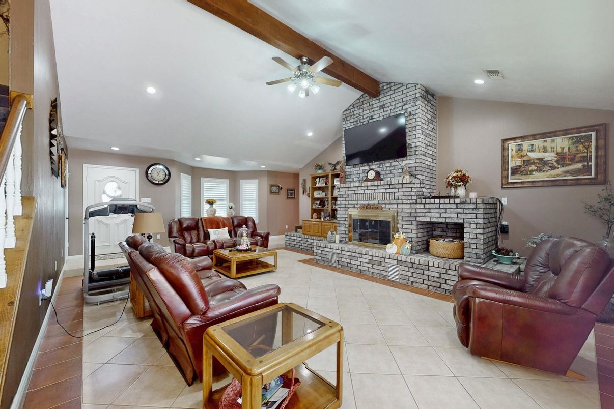 Fireplace, Interior, Living room, Recessed Lighting, Stone Walls, Wooden Beams