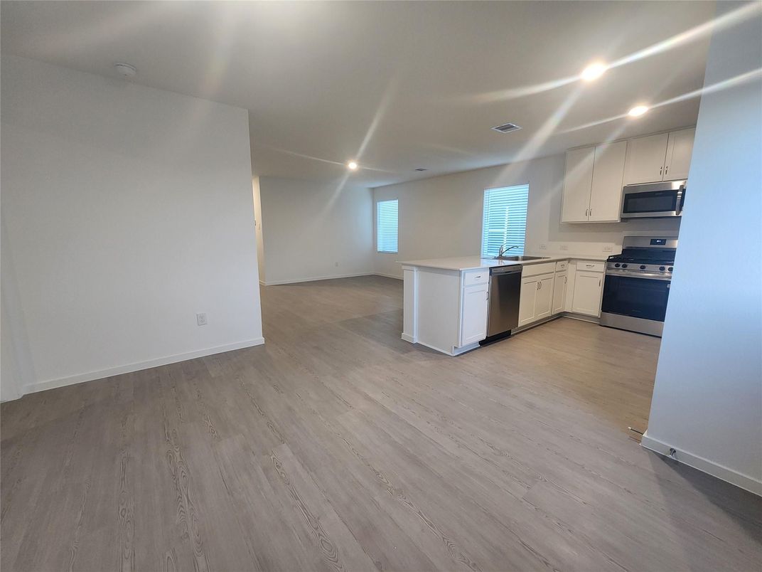 Empty room, Interior, Kitchen, Recessed Lighting, Wood Texture Flooring