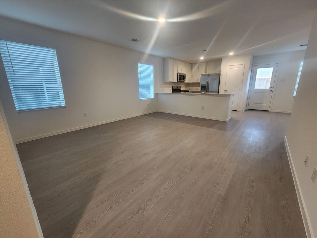 Empty room, Interior, Kitchen, Recessed Lighting, Wood Texture Flooring