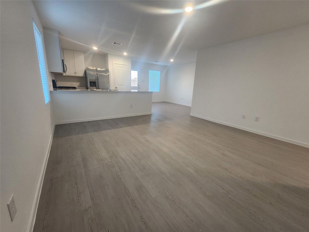 Empty room, Interior, Kitchen, Recessed Lighting, Wood Texture Flooring